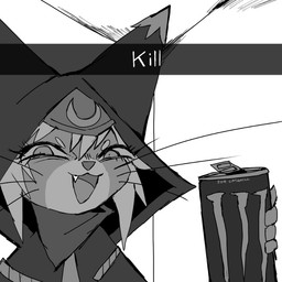 4_fingers ambiguous_gender anthro beverage can container crescent_(shape) eyebrows fangs fingers furgonomic_headwear furgonomic_hood furgonomics hair holding_can holding_container holding_object hooded_cloak kerchief monster_energy_can narrowed_eyes open_mouth simple_background solo teeth text whiskers genczilla capcom kill_(meme) monster_energy monster_hunter monster_hunter_stories_2:_wings_of_ruin snapchat tsukino_(monster_hunter_stories) felid felyne lynian mammal palico 1:1 2026 english_text meme monochrome female_(lore)