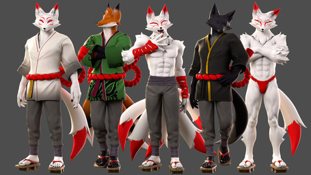 4_tails 5_fingers 5_toes abs anthro asian_clothing black_body black_fur black_nose bottomwear clothed clothed_anthro clothed_male clothing east_asian_clothing feet fingers footwear fundoshi fur group hand_wraps humanoid_feet humanoid_hands japanese_clothing male multi_tail multicolored_body multicolored_fur navel pants pecs plantigrade red_body red_fur sandals shoes solo standing tail toes topless topless_anthro topless_male two_tone_body two_tone_fur underwear white_body white_fur wraps petruz petruz_(modeler) canid canine fox mammal 16:9 3d_(artwork) blender_(artwork) digital_media_(artwork) hi_res widescreen