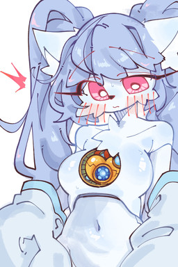 anthro bangs black_nose blue_hair bodily_fluids breasts chest_tuft collarbone eyelashes female hair inner_ear_fluff long_eyelashes long_hair looking_down medium_breasts navel pink_eyes pupils simple_background solo sweat tuft white_background white_pupils kgs701 canid canine fox mammal robot_anthro 2:3 colored digital_drawing_(artwork) digital_media_(artwork) hi_res shaded