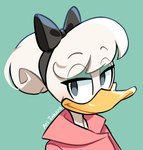 2024 accessory anatid anseriform anthro arithequack avian beak biped bird bow_ribbon bust_portrait clothed clothing daisy_duck disney duck ducktales ducktales_(2017) eyeshadow female hair hair_accessory hair_bow hair_ribbon half-closed_eyes hi_res looking_at_viewer makeup narrowed_eyes portrait ribbons signature simple_background smile solo yellow_beak