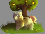 ambiguous_gender blue_eyes feral food fruit fur grass grey_background plant quadruped simple_background solo tail tree yellow_body yellow_fur yellow_tail luka_(artist) fluffy_pony fluffy_pony_(species) mammal 2023 digital_media_(artwork) digital_painting_(artwork) hi_res