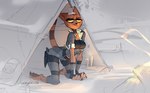 all_fours anthro breasts candle clothed clothing female fire fur looking_down orange_body orange_fur outside snow solo tent tight_clothing wardrobe_malfunction weapon skygracer bethesda_game_studios microsoft skyrim the_elder_scrolls orange_ringtail_thief felid khajiit mammal 2017 digital_media_(artwork) shaded signature