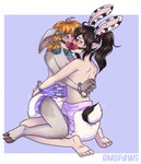 blush blush_lines claws clean_diaper clothed clothing cuff_(restraint) diaper duo feet female female/female gag handcuffed handcuffed_together handcuffs hug kneeling metal_cuffs pacifier pacifier_gag restraints wearing_diaper omopaws humanoid lagomorph leporid mammal rabbit hi_res