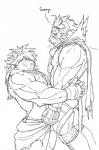 anthro bear_hug big_pecs bodily_fluids cape clothing cum cum_on_chest cum_on_face duo ejaculation erection genital_fluids genitals hands-free horn lifted lifted_by_hug male male/male mask muscular muscular_male pecs penis premature_ejaculation sex spontaneous_ejaculation text wrestling capte lifewonders tokyo_afterschool_summoners krampus_(tas) macan_(tas) demon felid lion mammal pantherine tiger hi_res monochrome