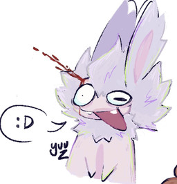 :d anthro belly black_eyes blood blood_on_face blood_spray bodily_fluids derp_eyes fangs featureless_arms fluffy_ears fur grey_hair hair happy light long_ears male male_anthro messy_hair multicolored_body no_eyebrows no_pupils noseless nude nude_anthro nude_male open_mouth open_smile pink_belly pink_body pink_inner_ear pink_skin red_mouth short_hair simple_background smile solo speech_bubble teeth two_tone_body white_background white_body white_fur wounded sillyhog rabbids_invasion_(series) raving_rabbids rayman_(series) ubisoft mad_rabbid lagomorph mammal rabbid 2026 colored digital_drawing_(artwork) digital_media_(artwork) english_description half-length_portrait hi_res lighting portrait shaded signature