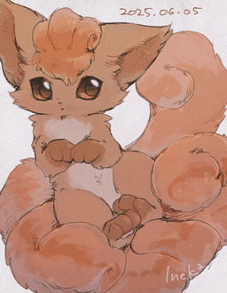 ambiguous_gender brown_body brown_eyes brown_fur feral fur multi_tail pawpads paws simple_background solo tail ineka nintendo pokemon canid canine generation_1_pokemon mammal pokemon_(species) vulpix 2025 dated hi_res signature