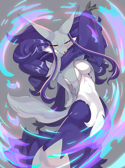 bangs black_paws blue_body blue_fire blue_flames blue_fur breasts cheek_tuft colored_fire crossgender ear_tuft facial_tuft female fire fluffy fluffy_arms fluffy_tail fur red_nose solo tail tuft under_boob white_body white_fur yellow_eyes laverne_3r nintendo pokemon fan_character okami_(mitsuyoshicf) delphox generation_6_pokemon pokemon_(species) hi_res male_(lore)