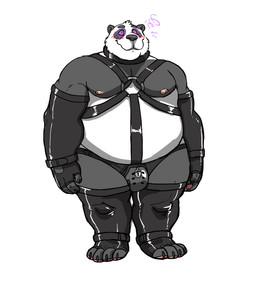 4_toes anthro biceps biped blush chastity_cage chastity_device clothing collar feet fingerless_gloves gloves handwear harness hypnosis lock male mind_control nipples padlock pecs ringed_eyes simple_background solo standing submissive submissive_male toes white_background hyenaface bear giant_panda mammal 2017
