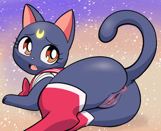 anus black_body bottomless butt butt_focus clothed clothing crescent_moon eyelashes female female_feral feral fur genitals legwear looking_back lying moon open_mouth partially_clothed raised_tail rear_view sailor_uniform solo tail uniform vulva squigglydraws sailor_moon_(series) luna_(sailor_moon) domestic_cat felid feline felis mammal hi_res