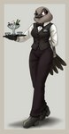 absurd_res aligned_feet anthro arms_bent avian bartender bird boots bottomwear bow_(feature) bow_in_front bow_tie clothed clothing dessert female fish_birb food footwear hand_behind_back hi_res holding_object ice_cream millie_(fish_birb) name_tag oscine pants passerine serving serving_dessert serving_food simple_background solo starling_(bird) straight_legs suit waiter