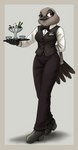 aligned_feet anthro arms_bent bartender boots bottomwear bow_(feature) bow_in_front bow_tie clothed clothing dessert female food footwear hand_behind_back holding_object ice_cream name_tag pants serving serving_dessert serving_food shoes simple_background solo straight_legs suit waiter fish_birb millie_(fish_birb) avian bird oscine passerine starling_(bird) absurd_res hi_res