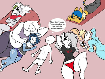 anthro barefoot bean_bag black_eyeshadow blue_body blue_fur blue_hair bra clothing cuddling electronics eye_markings eyes_closed eyeshadow faceless_character faceless_male featureless_face feet female female_anthro fur green_highlights grey_body grey_fur group hair hands_behind_head headphones highlights_(coloring) horn lying makeup male markings mattress mature_female on_back on_front on_side onesie overweight overweight_female pajamas panties phone red_clothing red_panties red_underwear scut_tail shirt short_tail sleeping sleepover spooning sports_bra striped_markings striped_tail stripes t-shirt tail tail_markings text text_on_clothing text_on_shirt text_on_topwear topwear underwear white_body white_fur yellow_body yellow_fur aabramsart animal_crossing five_nights_at_freddy's five_nights_at_freddy's:_security_breach hellaverse helluva_boss looney_tunes mythology nintendo scottgames star_fox steel_wool_studios undertale_(series) warner_brothers ankha_(animal_crossing) anonymous_character krystal_(star_fox) lola_bunny loona_(helluva_boss) roxanne_wolf toriel boss_monster_(undertale) canid canid_demon canine canis demon domestic_cat felid feline felis fox hellhound human lagomorph leporid mammal mythological_canine mythological_creature rabbit wolf 2025 crossover digital_media_(artwork)