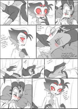 anthro beak blush bottomwear bottomwear_down bulge clothed clothing dialogue duo erection erection_under_clothing eyes_closed feathers genitals hand_on_penis horn humanoid_genitalia humanoid_on_anthro humanoid_penis lying male male/male navel on_back open_beak open_mouth partially_clothed penis pillow red_eyes shorts shorts_down simple_background sleep_molestation sleeping smile text topwear angelofhapiness hellaverse helluva_boss blitzo_(helluva_boss) stolas_(helluva_boss) avian bird demon humanoid imp owl owl_demon absurd_res comic digital_media_(artwork) english_text hi_res monochrome sketch