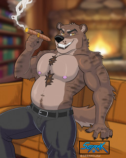 anthro atmosphere barazoku belly belt bookshelf bottomwear buckle burly clothing confident cozy expressive fireplace fluffy furniture hair inside leather light looking_at_viewer lounge male masculine muscular nipples no_shirt pants pecs pose relaxing seductive smoke smoking smug sofa solo serakclaw bear mammal 4:5 absurd_res cel_shading hi_res lighting shaded