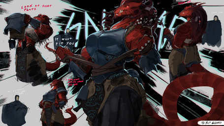 anthro armor big_tail breasts chest_wraps clothing dialogue dreadlocks duo female horn male muscular muscular_anthro muscular_female non-mammal_breasts plate_armor red_body red_eyes red_scales scales tail teeth_showing vambrace wardrobe_malfunction wraps glewes dungeons_and_dragons hasbro mythology wizards_of_the_coast dragon dragonborn_(dnd) human mammal mythological_creature mythological_scalie scalie absurd_res hi_res multiple_scenes sketch_page