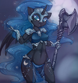 5_fingers anthro anthrofied armor athletic athletic_anthro athletic_female axe battle_axe biped blue_eyes blue_hair bottomwear bracers breechcloth clothing cutie_mark fantasy_weapon female fingers front_view gauntlets gloves hair handwear headgear helmet holding_object holding_weapon horn loincloth looking_at_viewer melee_weapon navel panties pauldron pupils slit_pupils soft_abs solo sparkles standing translucent translucent_hair unconvincing_armor underwear ventral_groove weapon misukitty friendship_is_magic hasbro my_little_pony mythology nightmare_moon_(mlp) equid equine mammal mythological_creature mythological_equine unicorn 2014