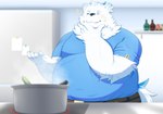 anthro appliance belly big_belly black_nose blush bottomwear clothing cooking detailed_background fridge fur kemono kitchen kitchen_appliance male overweight overweight_male pants shirt solo topwear white_body white_fur tai_tanuki lifewonders live_a_hero yohack canid canine canis domestic_dog mammal 2023 hi_res