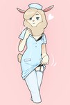 anthro blue_eyes blush bra clothing clothing_pull female hat headgear headwear heart_symbol legwear looking_at_viewer nurse_clothing nurse_hat nurse_headwear smile solo stockings underwear kewpiekills odd_taxi miho_shirakawa_(odd_taxi) camelid llama mammal hi_res