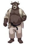 anthro belly big_belly bodily_fluids bottomwear clothing humanoid_hands kemono male moobs navel nipples overweight overweight_male pants simple_background solo sweat white_background amamiya bovid bovine cattle mammal 2023