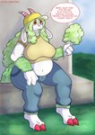 3_fingers anthro belly bottomwear breasts candy clothed clothing cotton_candy dessert female fingers food fur grass green_body green_fur green_hair hair holding_object hooves horn multicolored_body navel open_mouth outside overweight overweight_anthro overweight_female pants plant red_eyes red_hooves shirt shrub sitting solo text tongue topwear white_horn wool_(fur) yellow_tongue hakuten bovid caprine food_creature mammal sheep 2024 english_text hi_res