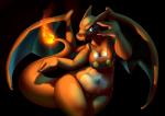 2014 anthro anthrofied big_breasts black_background blue_eyes bra breasts charizard claws clothing curvy_figure dragon elpatrixf fangs female fire flaming_tail generation_1_pokemon looking_at_viewer membrane_(anatomy) membranous_wings mythological_creature mythological_scalie mythology navel nintendo non-mammal_breasts orange_body orange_skin panties pokemon pokemon_(species) pokemorph scalie simple_background slightly_chubby smile smirk solo tail teal_eyes teeth thick_thighs underwear voluptuous wide_hips wings