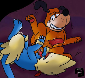 3_toes ambiguous_gender anal anal_penetration animal_genitalia animal_penis anus balls bed black_nose blindfold blue_body blue_fur brown_body brown_fur canine_genitalia canine_penis collar duo electricity electrostimulation erection feet feral feral_on_feral fur furniture genitals half-closed_eyes knot male male/ambiguous narrowed_eyes on_bed open_mouth oral pawpads paws penetration penis red_penis rimming sex sheath simple_background smile toes tongue tongue_out yellow_body yellow_fur bowserboy101 duck_hunt nintendo pokemon duck_hunt_dog canid canine canis domestic_dog generation_3_pokemon mammal manectric pokemon_(species) 2015