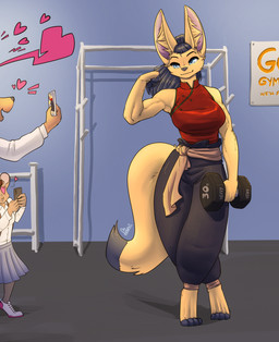 anthro asian_clothing black_hair black_nose blue_eyes breasts cellphone clothed clothing dipstick_tail dumbbell electronics exercise feet female fingerless_(marking) flexing fur group gym hair heart_symbol markings muscular muscular_female phone smartphone tail tail_markings taking_picture toeless_(marking) trio weights workout yellow_body yellow_fur feretta fenavi_montaro canid canine fennec_fox fox mammal true_fox digital_media_(artwork) hi_res shaded herm_(lore)