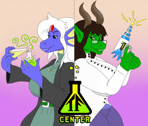 5_fingers anthro beaker belt biped bottomwear brown_clothing brown_coat brown_hair brown_horn brown_topwear clothed clothing coat colored_nails duo eyelashes eyewear female fingers forehead_gem fully_clothed gem glasses green_belt green_body green_clothing green_eyes green_nails green_sweater green_tongue green_topwear green_turtleneck hair holding_beaker holding_object holding_weapon horn jewelry lab_coat laboratory_equipment laboratory_glassware magic moon_symbol nails necklace pants pendant poster poster_template purple_body purple_bottomwear purple_clothing purple_nails purple_pants purple_shirt purple_tongue purple_topwear ranged_weapon raygun science scientific_instrument shirt split_screen sweater tfcenter tongue tongue_out topwear turtleneck weapon white_hair ashwolves5 mythology jade_moontail dragon mythological_creature mythological_scalie scalie digital_media_(artwork) portrait three-quarter_portrait