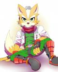 2016 5_fingers abstract_background anthro armor belt biped boots canid canine cel_shading clothed clothing dipstick_tail fingerless_gloves fingers footwear fox fox_mccloud front_view fully_clothed fur garakutea gloves greaves green_eyes handwear hi_res jacket kemono looking_at_viewer male mammal markings multicolored_tail nintendo orange_body orange_fur outline rolled_up_sleeves scarf shaded simple_background sitting solo star_fox tail tail_markings topwear white_body white_fur zipper