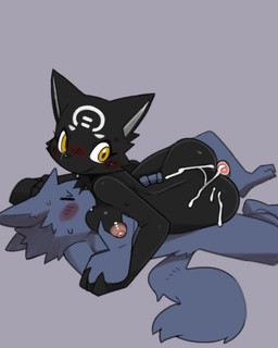 anthro anthro_on_anthro biped black_body black_fur blush bodily_fluids breast_fondling breast_play breast_suck breasts butt cheek_tuft cum cum_on_back cum_on_butt dog_tail duo facial_markings facial_tuft female fondling forehead_markings fur fur_tuft genital_fluids genitals glans grey_background grey_body grey_fur hand_holding hand_on_breast head_markings head_tuft interspecies lying lying_on_another male male/female markings nude nude_anthro nude_female nude_male on_back penis plantigrade side_view simple_background slim slim_anthro slim_male sucking tuft yellow_eyes pizademokttero nifram_logan tarahe canid canine canis domestic_cat felid feline felis mammal wolf 2023 4:5 absurd_res cel_shading digital_drawing_(artwork) digital_media_(artwork) hi_res shaded