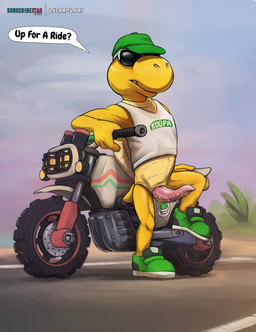 animal_genitalia animal_penis anthro biped bottomless bottomless_anthro bottomless_male clothed clothing dialogue erection eyewear footwear genital_slit genitals hat headgear headwear male male_anthro motorcycle outside penis pink_penis shell shirt shoes solo speech_bubble sunglasses tank_top tapering_penis text topwear turtle_shell vehicle lizardlars mario_bros mario_kart mario_kart_world nintendo koopa_troopa_(runner) koopa koopa_troopa reptile scalie tortoise turtle 2026 absurd_res digital_media_(artwork) english_text hi_res