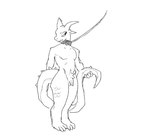 anthro barefoot black_eyes collar collar_only feet flaccid genitals holding_own_tail holding_tail horn humanoid_genitalia humanoid_penis leash male narrowed_eyes nude penis simple_background smile solo spiked_tail spikes spikes_(anatomy) tail white_background white_body thorn_paw kobold scalie 2020 digital_media_(artwork) full-length_portrait greyscale monochrome portrait sketch