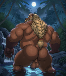 anthro backsack balls barazoku bath bathing beard bedroom_eyes belly biceps big_butt big_muscles blonde_beard blonde_eyebrows blonde_facial_hair blonde_hair blonde_mustache blonde_sideburns braided_beard braided_hair braided_ponytail brown_body brown_fur butt cloud creek eyebrows facial_hair flirting flirting_look flirting_with_viewer forest forest_background full_moon fur genitals hair inviting inviting_to_sex inviting_viewer jungle light looking_at_viewer looking_back looking_back_at_viewer male manly mature_anthro mature_male moon mooning moonlight musclegut muscular muscular_anthro muscular_arms muscular_male muscular_thighs mustache narrowed_eyes nature nature_background night nude nude_anthro nude_male offering_sex offering_to_viewer outside overhead_lighting palm_tree partially_submerged penis plant ponytail presenting presenting_body presenting_hindquarters rear_view rock seducing_viewer seductive showing_off_muscles sideburns sky solo standing standing_in_water tail thick_arms thick_eyebrows thick_thighs tree water magniursus thoraden_(magniursus) bear dwarf mammal ursine hi_res