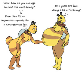 antennae_(anatomy) anthro arthropod_abdomen belly big_belly big_butt bloated blush blush_lines breasts butt dialogue duo featureless_breasts female hand_on_belly hand_on_hip huge_belly navel non-mammal_breasts simple_background standing stinger striped_body stripes tan_body text thick_thighs wide_hips wings yellow_body 6saw789 bee_(6saw789) honey_(6saw789) arthropod bee honey_bee hymenopteran insect 2024 aliasing digital_drawing_(artwork) digital_media_(artwork) english_text