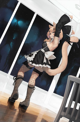 accessory apron black_clothing black_dress blonde_hair boots clothing dress dutch_angle female fishnet_clothing fishnet_legwear footwear furgonomics hair legwear looking_at_viewer looking_back looking_back_at_viewer maid_uniform ribbons shoes smile solo space star tail tail_accessory tail_ribbon uniform white_apron white_clothing window paintrfiend shyrei_faolan animal_humanoid cat_humanoid felid felid_humanoid feline feline_humanoid humanoid mammal mammal_humanoid 2024 digital_media_(artwork) hi_res