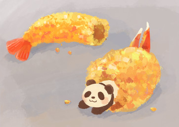 ambiguous_gender black_body black_fur blush chibi food fried_shrimp fur semi-anthro simple_background solo white_body white_fur araru bear giant_panda mammal 2020 hi_res