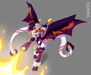 2_tails 3_toes accessory amber_eyes anthro arm_cannon chain clothed clothing feet female fire flamethrower flamethrower_arm furgonomics gold_(metal) gold_chain jewelry leggings legwear markings multi_tail neck_tuft partially_clothed pointy_ears purple_markings ranged_weapon ring solo spade_tail tail tail_accessory tail_jewelry tail_ring toes tuft weapon white_body wings txmie dragonborn_velatis velatis_ferio_caedo unknown_species absurd_res hi_res