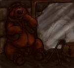 anthro balls bottomless brown_body brown_fur clothed clothing fur genitals male overweight overweight_anthro overweight_male solo dakota-bear shirokuma_cafe grizzly_(shirokuma_cafe) bear brown_bear grizzly_bear mammal ursine absurd_res hi_res