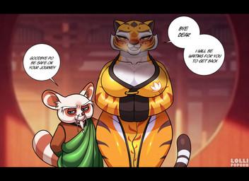 anthro asian_clothing big_breasts biped black_bars blue_eyes blush breasts chinese_clothing chinese_dress clothed clothing dialogue dress duo east_asian_clothing female front_view green_clothing huge_breasts larger_female male multicolored_body orange_body pelvic_curtain pupils size_difference smaller_male smile speech_bubble tail text thick_thighs white_body lollipopcon dreamworks kung_fu_panda master_shifu master_tigress felid mammal pantherine south_china_tiger tiger 11:8 english_text hi_res letterbox
