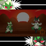 :3 ambiguous_gender anthro biped bodily_fluids covering covering_face detailed_background duo exclamation_point eyes_closed frown fur green_body green_fur mountain pawpads pink_body red_eyes showdown smile sun sweat sweatdrop text tontaro kirby_(series) nintendo pokemon floragato generation_9_pokemon meowscarada pokemon_(species) 1:1 animated japanese_text short_playtime sound webm