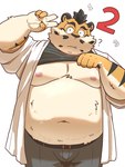 anthro belly big_belly bottomwear clothed clothing clothing_lift cute_fangs eyewear fangs glasses kemono male moobs navel nipples overweight overweight_male pants question_mark shirt shirt_lift simple_background solo teeth topwear white_background hon55728 felid mammal pantherine tiger 2024 hi_res