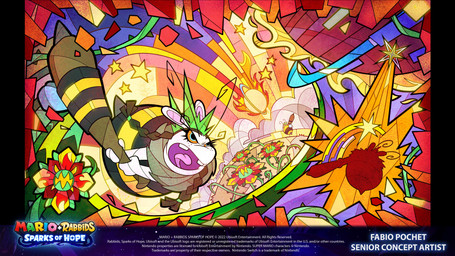 ambiguous_gender antennae_(anatomy) anthro black_hair black_stripes blue_eyes blue_wings braided_pigtails buckteeth cloud copyright_symbol eyelashes eyeless female female_anthro fire freckled_face freckles fur furrowed_eyebrows garden green_hair_tie group hair hitting holding_baseball_bat insect_wings long_ears mitten_hands multicolored_body multicolored_fur noseless open_mouth orange_sclera orange_sky pink_inner_ear pink_tongue planet planet_ring plant sky stained_glass star_(shape) stinger striped_body striped_fur stripes symbol teeth text thorns title tongue vines wall_(structure) white_body white_fur wings yellow_body yellow_fur fabio_pochet mario_bros mario_plus_rabbids_sparks_of_hope nintendo raving_rabbids rayman_(series) ubisoft bea_(mario_plus_rabbids) arthropod bee bee-rabbid elemental_creature flora_fauna hybrid hymenopteran insect lagomorph mammal rabbid 16:9 2022 4k absurd_res artist_name colored crossover digital_drawing_(artwork) digital_media_(artwork) english_description english_text hi_res multiple_scenes official_art widescreen