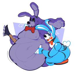 anthro bedroom_eyes belly belly_overhang belly_squish big_belly big_butt blue_body bow_tie breath buckteeth butt dirty duo electric_guitar eyelashes eyeshadow femboy green_eyes guitar hand_on_belly heart_symbol hug looking_at_another machine makeup male male/male moobs musical_instrument narrowed_eyes obese overweight plucked_string_instrument purple_body red_eyes seductive sitting_on_stool squish string_instrument tattoo teeth thick_thighs tramp_stamp boot_(artist) five_nights_at_freddy's five_nights_at_freddy's_2 scottgames bonnie_(fnaf) toy_bonnie_(fnaf) animatronic robot 2023