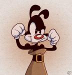 anthro black_body black_fur bottomwear clothed clothing fur gloves handwear looking_at_viewer male pants simple_background smile solo ekuhvielle animaniacs warner_brothers yakko_warner inkblot mammal low_res portrait