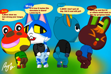 anal_request anthro butt dialogue genitals group holding_butt looking_at_viewer looking_back male oral_request penis requesting rimming_request sex_request speech_bubble spread_butt spreading suggestive suggestive_dialogue text rob-posa animal_crossing nintendo bruce_(animal_crossing) drift_(animal_crossing) moe_(animal_crossing) o'hare_(animal_crossing) amphibian deer domestic_cat felid feline felis frog lagomorph leporid mammal rabbit english_text hi_res
