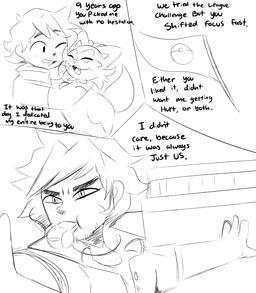clothing dialogue duo female feral flag hair hug long_hair male male/female referee shirt text topwear spicykiwi nintendo pokemon thomas_(spicykiwi) tulip_(spicykiwi) floragato generation_9_pokemon pokemon_(species) sprigatito absurd_res comic english_text hi_res monochrome story