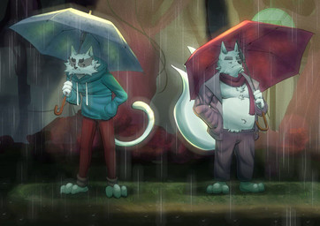 anthro belly bottomwear clothing detailed_background duo fur hoodie male outside pants raining scarf slightly_chubby standing topwear umbrella white_body white_fur razojz beastly_crimes beastly_crimes_(2024) arctic_fox_(beastly_crimes) badgercat arctic_fox canid canine domestic_cat felid feline felis fox mammal true_fox 2025