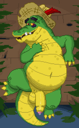 3_toes 4_fingers anthro balls belly big_belly bodily_fluids clothing eye_bags eyebrows feet fingers foreskin genital_fluids genitals hat headgear headwear humanoid_genitalia humanoid_penis looking_at_viewer lying male markings navel nude on_back overweight overweight_anthro overweight_male penis precum red_eyes slightly_chubby smile smiling_at_viewer solo spots spotted_body swamp tail thick_eyebrows toes myuger five_nights_at_freddy's five_nights_at_freddy's:_secret_of_the_mimic five_nights_at_freddy's:_security_breach scottgames steel_wool_studios jugband_monty_(fnaf) montgomery_gator alligator alligatorid crocodilian humanoid reptile scalie digital_media_(artwork) hi_res pixel_(artwork)