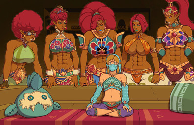 abs afro big_breasts blonde_hair bracelet breasts clothed clothing collar crossdressing crossed_legs dark_body dark_skin ear_piercing ear_ring eyelashes eyewear female fingerless_gloves front_view gloves goggles green_eyes group hair hands_behind_back handwear huge_breasts humanoid_pointy_ears imminent_death_by_snu_snu inside jewelry larger_female long_hair male midriff muscular muscular_female muscular_humanoid navel not_furry piercing plushie pointy_ears ponytail red_hair ring_piercing short_hair sitting size_difference smile standing tan_body tan_skin thick_thighs wide_hips davespinup breath_of_the_wild nintendo piper_perri_surrounded the_legend_of_zelda buliara greta_(tloz) isha_(tloz) link tali_(tloz) urbosa gerudo humanoid hylian hi_res meme