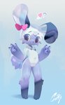 anthro blue_body blue_fur female flat_chested fur genitals grey_eyes heart_symbol innie_pussy navel nipples nude pawpads pussy ribbons simple_background smile solo young camotli conee lagomorph leporid mammal rabbit 2017 hi_res signature